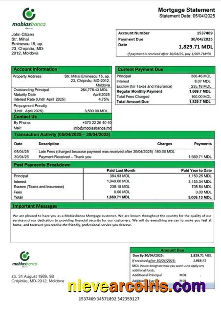 Moldova MobiasBanca mortgage statement Word and PDF template